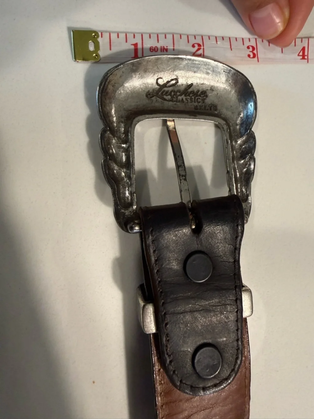 Vintage Lucchese Handcrafted Leather Western Belt w/Engraved Buckle Set USA Sz36